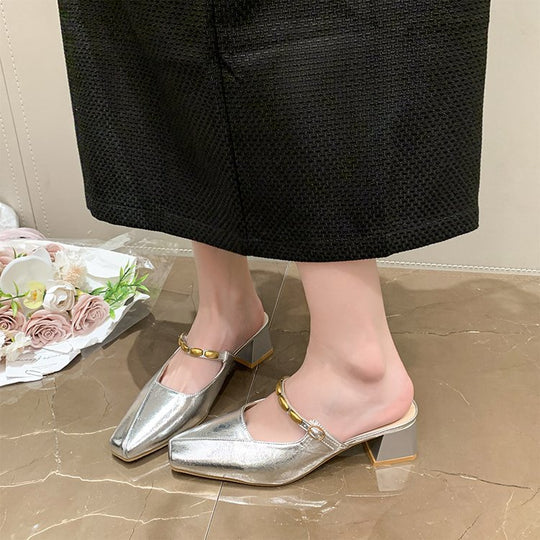Damen elegante Slingback-Mules mit dekorativen Kettenakzenten EB