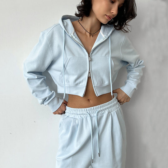 Damen Kurzes Zip-Kapuzen-Set mit taillenhoher weiter Loungehose EB
