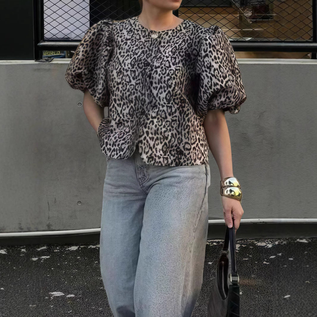 Damen Stylisches Leo-Muster Oberteil mit puffärmeligen Design EB
