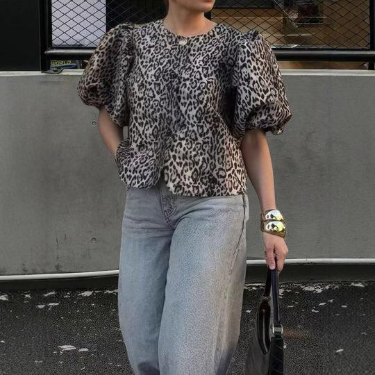 Damen Stylisches Leo-Muster Oberteil mit puffärmeligen Design EB