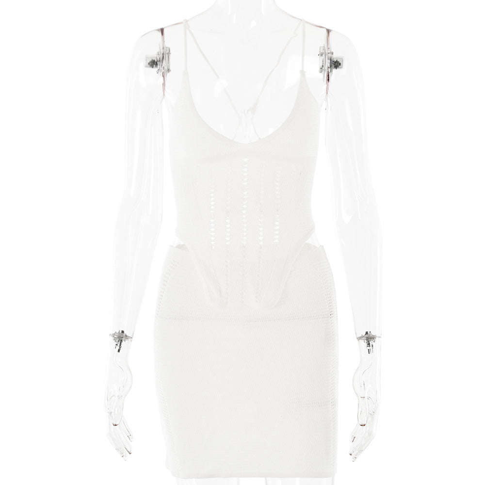 Damen Häkelkleid mit tiefem V-Ausschnitt und raffinierten Rüschendetails EB