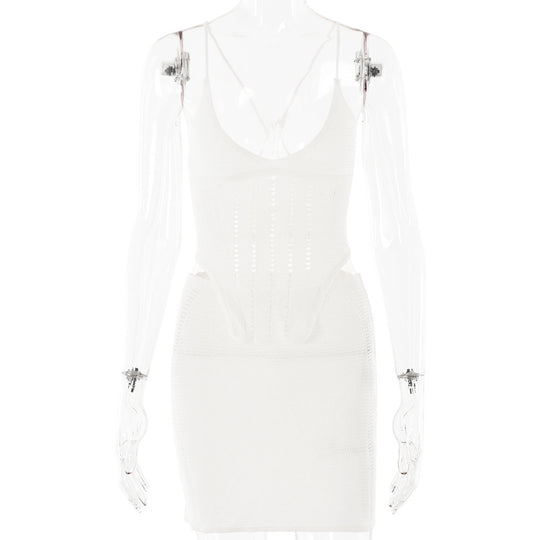 Damen Häkelkleid mit tiefem V-Ausschnitt und raffinierten Rüschendetails EB