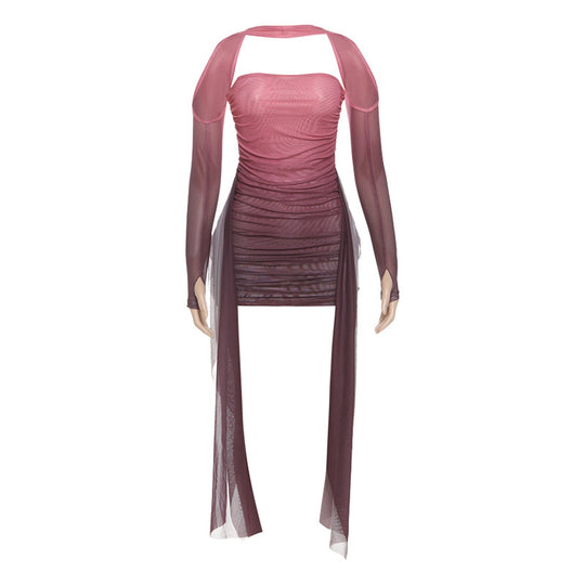 Damen Elegantes Minikleid mit raffinierten Rüschen und transparenten Ärmeln EB