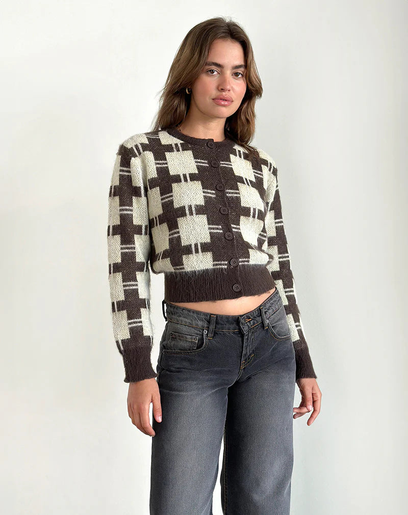 Damen cropped Strickjacke mit modernem Karomuster und knöpfbarem Design EB