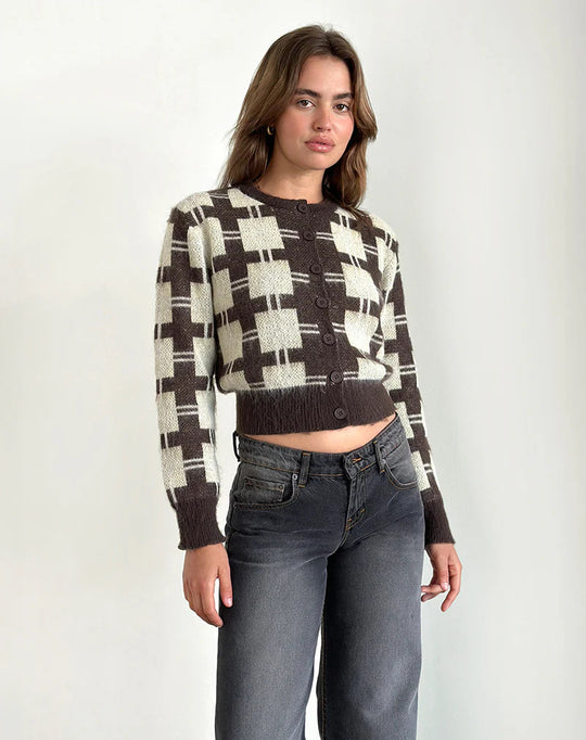 Damen cropped Strickjacke mit modernem Karomuster und knöpfbarem Design EB