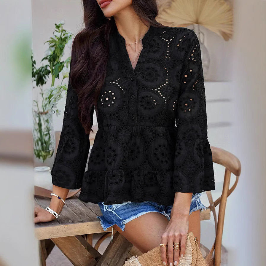 Damen Oberteil mit eleganter Broderie Anglaise und ausgestellten Ärmeln EB