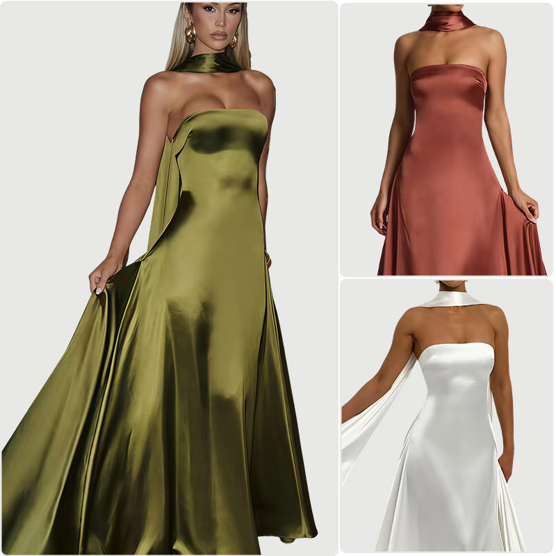 Damen Bandeau-Maxikleid mit schickem Halsschmuck und fließendem Satin EB