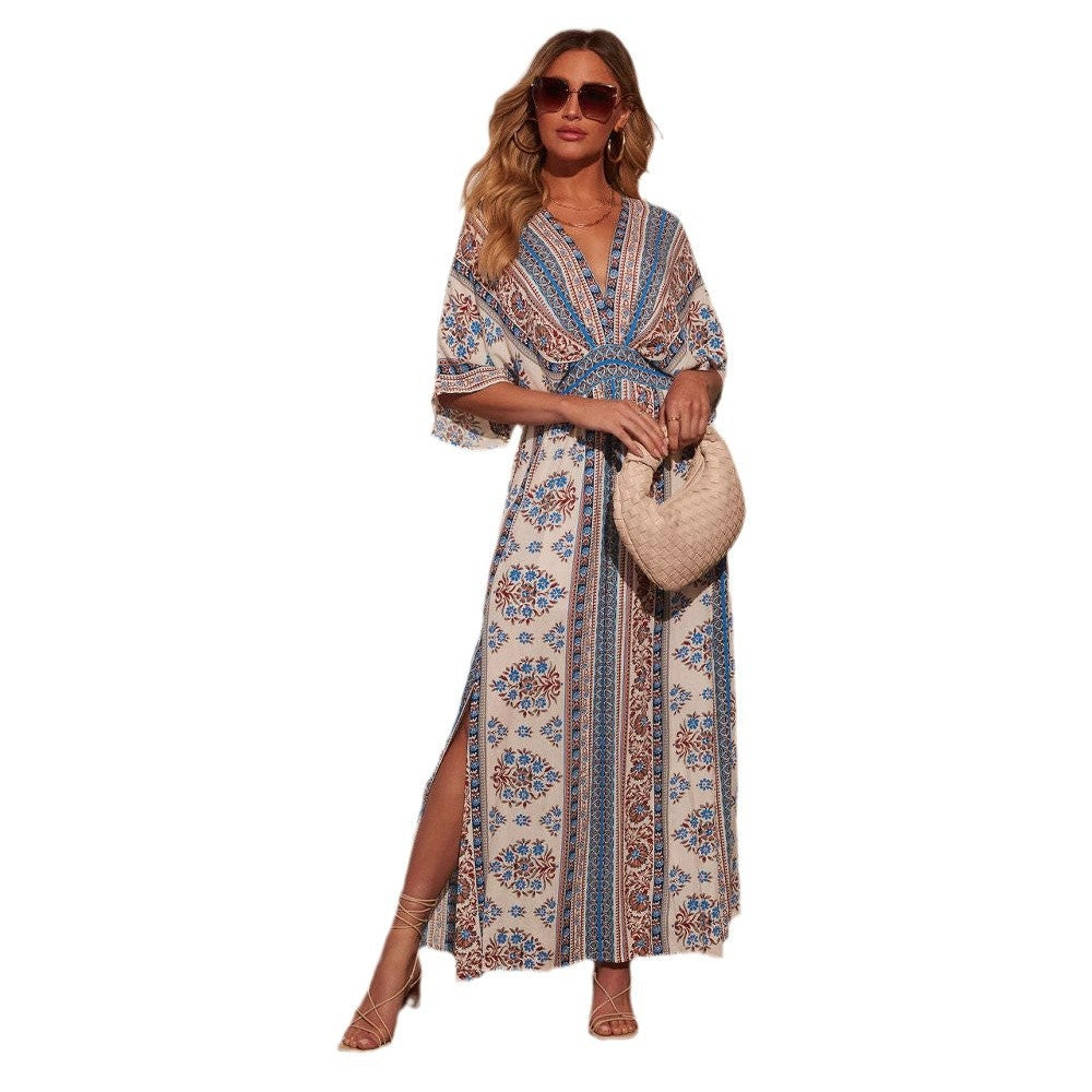 Damen Maxikleid mit aufregendem Wickeldesign und voluminösen Ärmeln EB