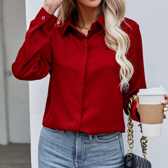 Damen nan klassische Satinbluse mit verdeckter Knopfleiste und lässigem Hemdblusen-Schnitt EB