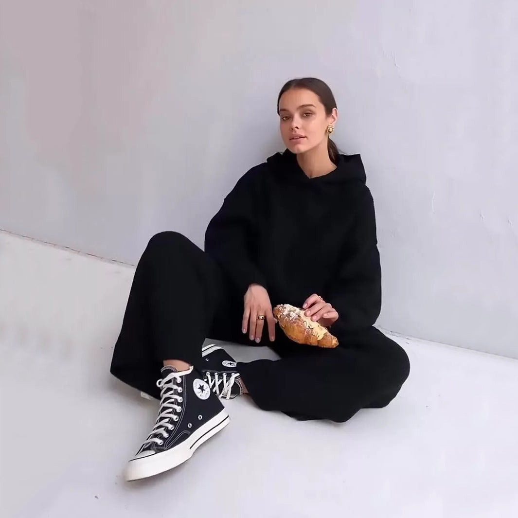 Damen gemütliches Lounge-Set mit Kapuzenpullover, Kängurutasche und weitem Jersey-Hose EB