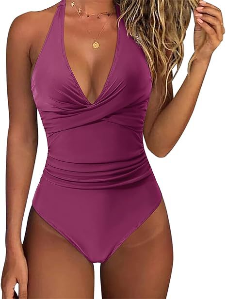 Damen Hochtaillierter Badeanzug mit tiefem V-Ausschnitt und floralem Design EB