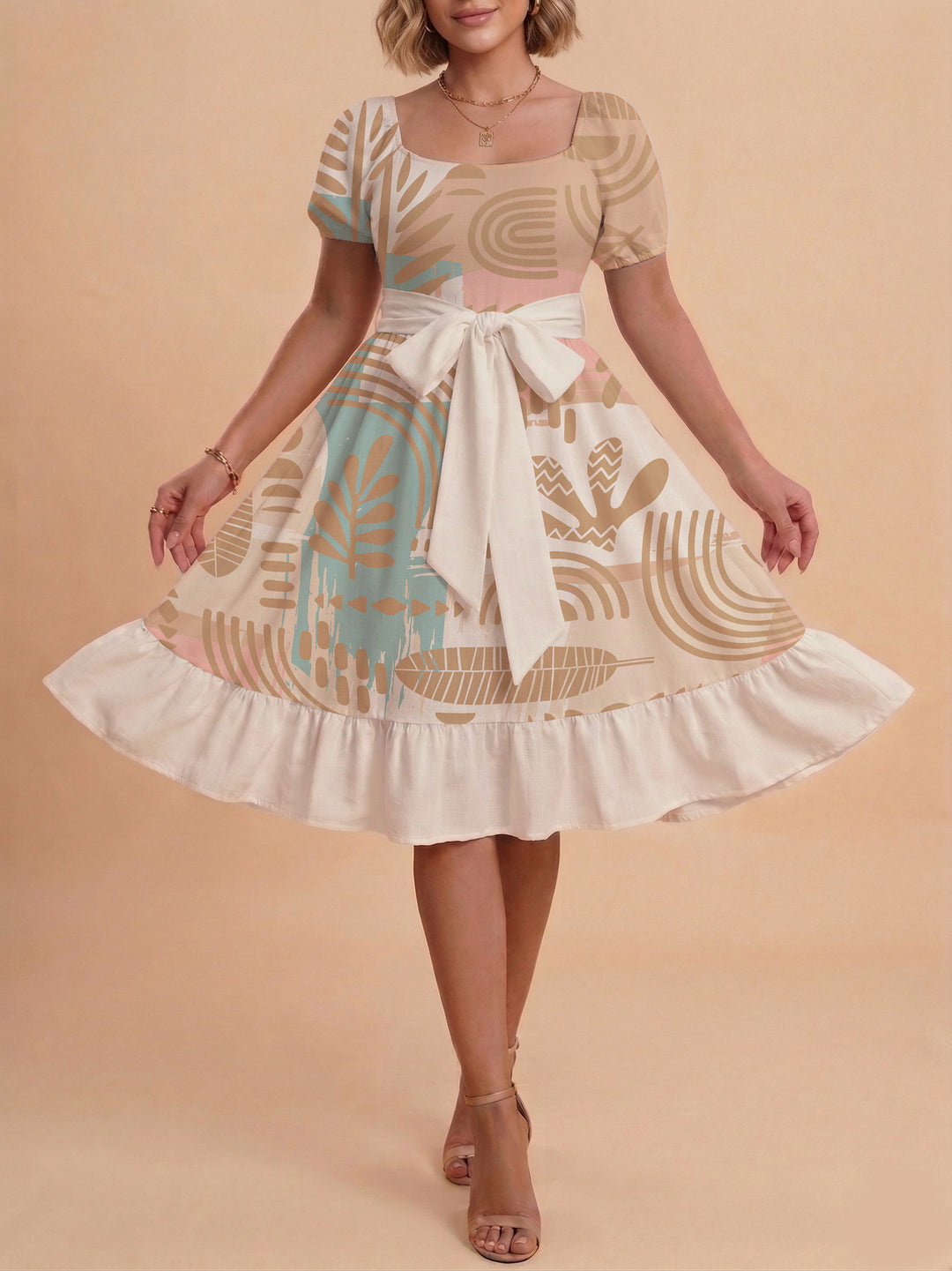 Damen Sommerliches Blumenkleid mit taillierbarem Gürtel und voluminösen Ärmeln EB