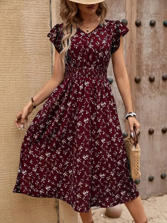 Damen Midikleid mit elastischem Tailleneinsatz und Rüschenärmeln EB