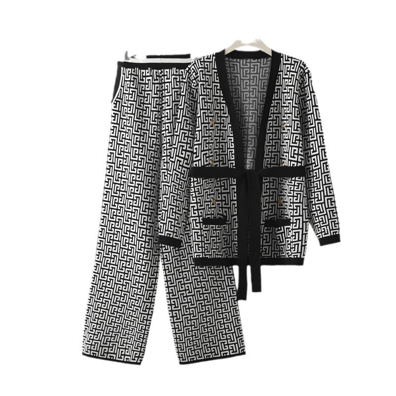 Damen lässiges Strick-Loungewear-Set mit geometrischem Muster EB