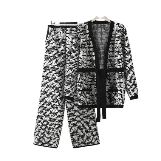 Damen lässiges Strick-Loungewear-Set mit geometrischem Muster EB