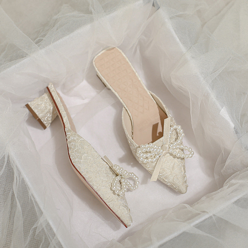 Damen elegante Mules mit perlenverziertem Schleifendetail EB