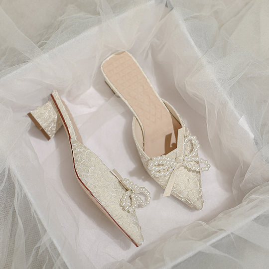 Damen elegante Mules mit perlenverziertem Schleifendetail EB