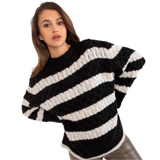 Damen Grobstrickpullover mit modischem Streifenmuster und voluminösen Ärmeln EB