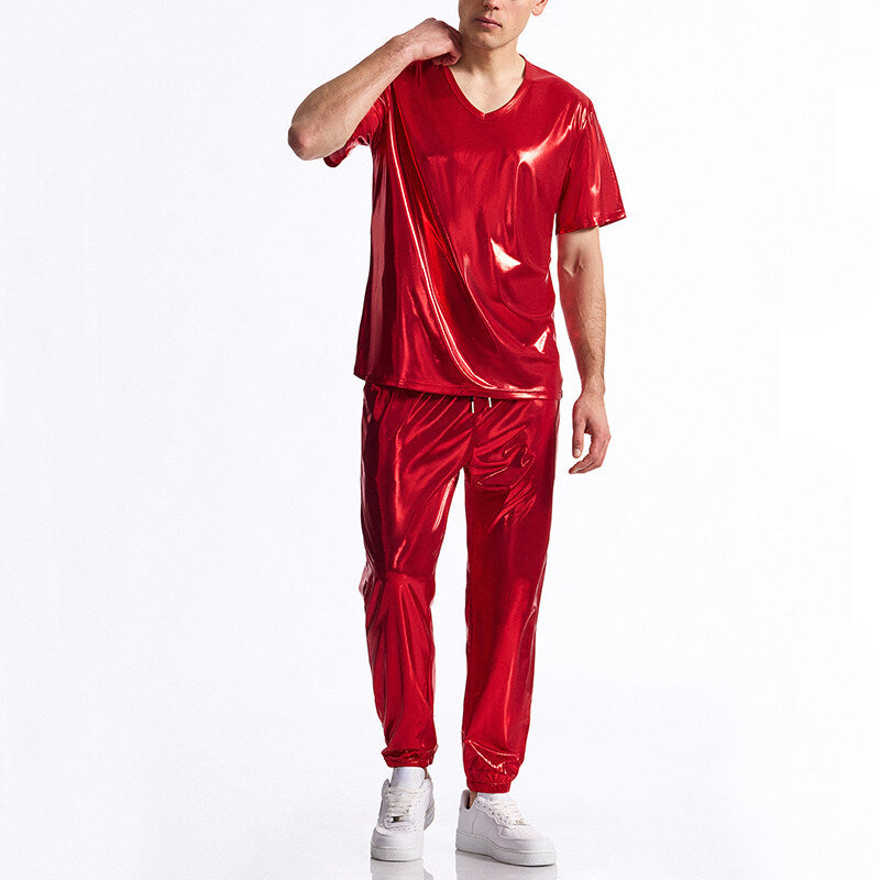 Herren glänzendes Sport-Outfit mit modernem V-Ausschnitt und elastischem Bund EB