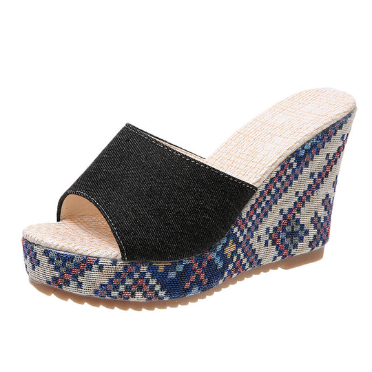Damen modische Plateau-Sandalen mit dekorativem Gewebedesign EB
