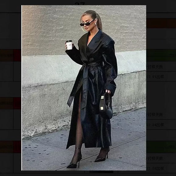 Damen elegante Kunstleder-Trenchcoat mit Gürtel EB