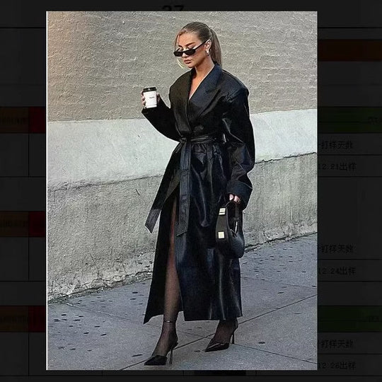 Damen elegante Kunstleder-Trenchcoat mit Gürtel EB