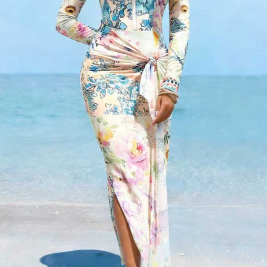 Damen Elegantes Langarm-Strandkleid mit floralem Design EB