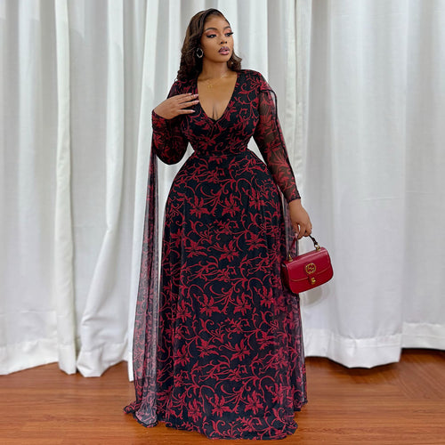 Damen Maxikleid mit floralem Transparentdesign und eleganten Ärmeln EB