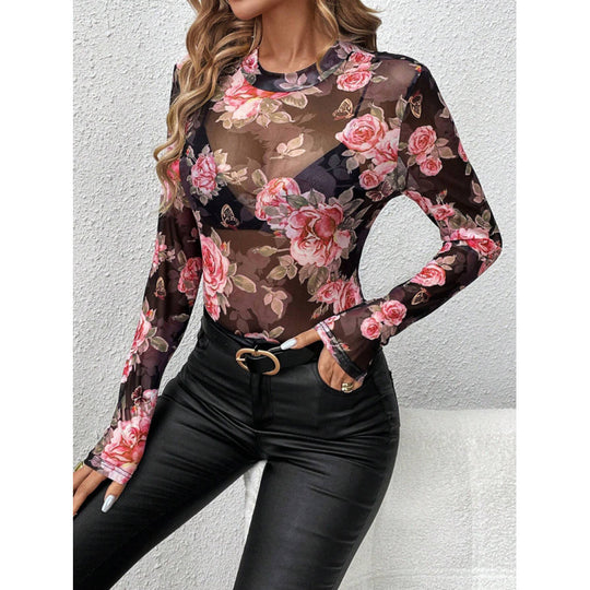 Damen Transparente Bluse mit floralen Details und langem Arm EB