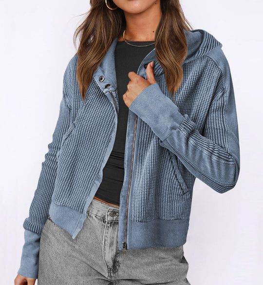 Damen lässige Zip-Jacke mit Kapuze und strukturiertem Design EB
