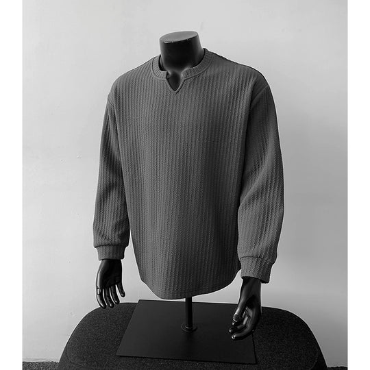 Herren nan grobstrukturierter Strickpullover mit V-förmigem Schlitzkragen und gerundetem Saum EB