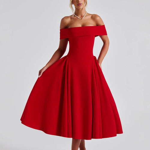 Damen Cocktailkleid mit schulterfreiem Design und voluminösem Rock EB
