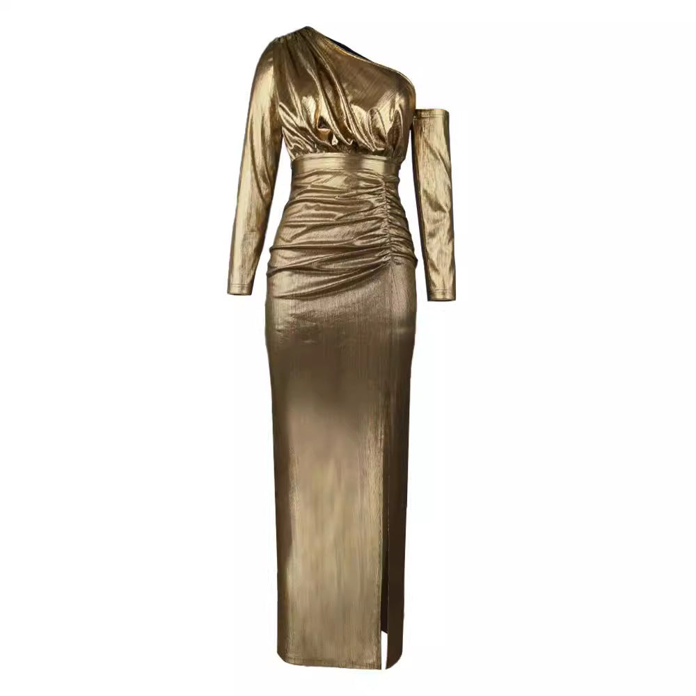 Damen Abendkleid mit schimmerndem Wickeldesign und raffiniertem Schlitz EB