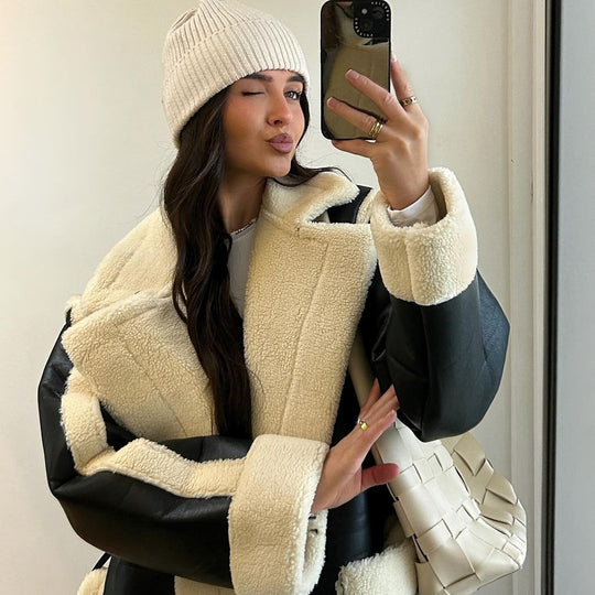 Damen Oversized Kunstfelljacke mit Taschen und elegantem Schnitt EB