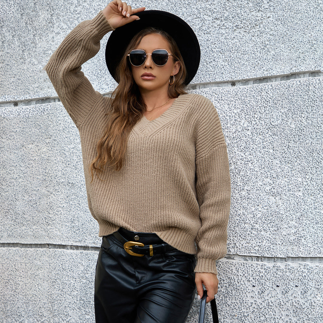 Damen gemütlicher V-Ausschnitt Strickpullover mit lockerem Schnitt und strukturiertem Muster EB