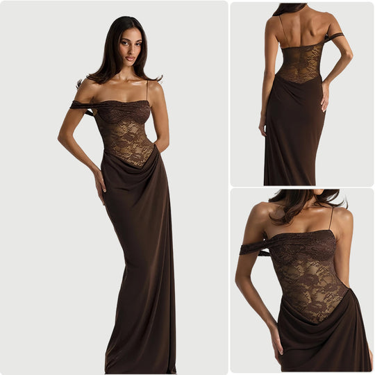 Damen Abendkleid mit schulterfreiem Spitzenoberteil und fließendem Rock EB