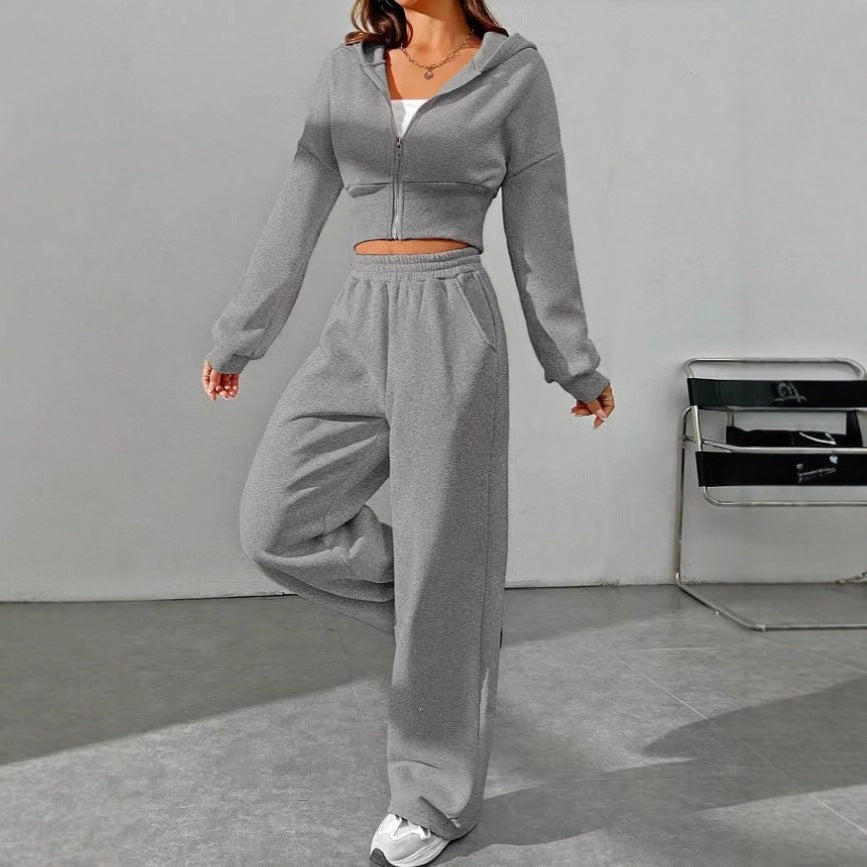 Damen nan kurzes Kapuzen-Sweatshirt mit Reißverschluss und weite High-Waist Jogginghose EB