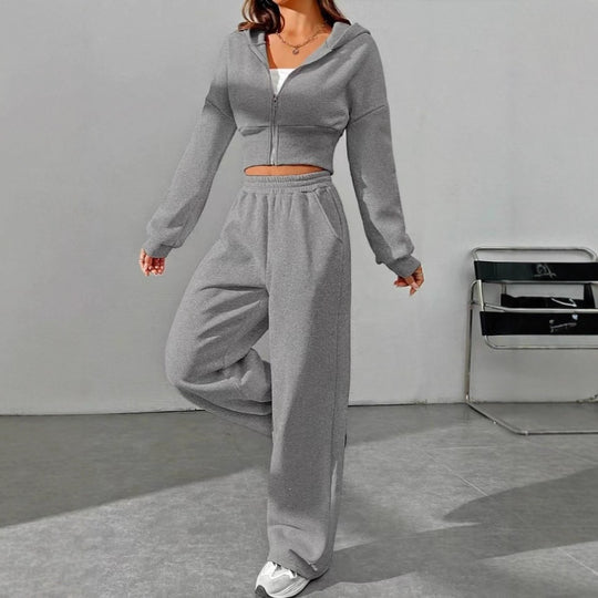 Damen nan kurzes Kapuzen-Sweatshirt mit Reißverschluss und weite High-Waist Jogginghose EB
