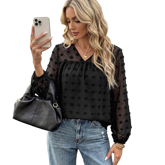 Damen Elegante Chiffonbluse mit 3D-Pompon-Applikation, V-Ausschnitt und elastischen Manschetten EB