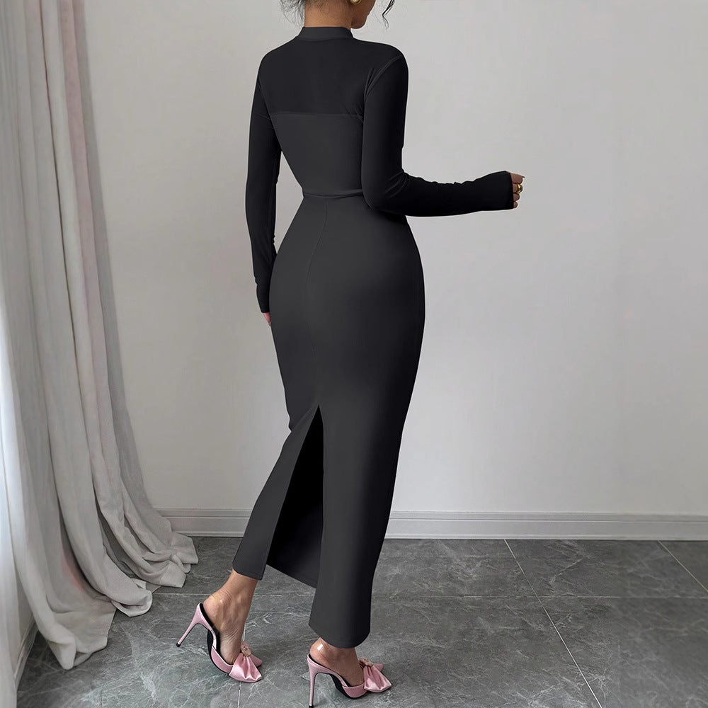 Damen Elegantes Langarm-Midi-Kleid mit raffinierter Drapierung und figurbetonter Silhouette EB