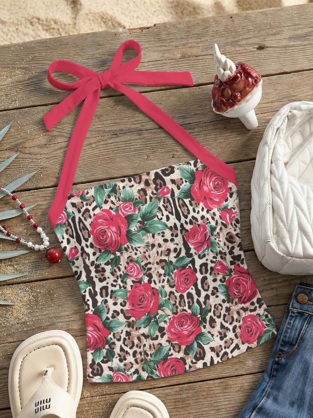 Damen Neckholder Top mit verspieltem Leopardenmuster EB