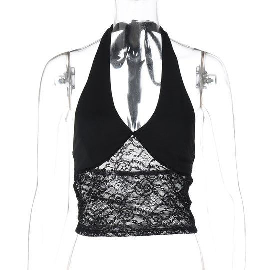 Damen Spitzen-Crop-Top mit Halterträgern und figurbetontem Schnitt EB