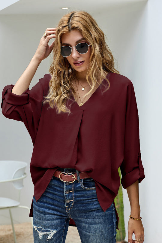 Damen Bluse mit V-Ausschnitt und lässigen langen Ärmeln EB