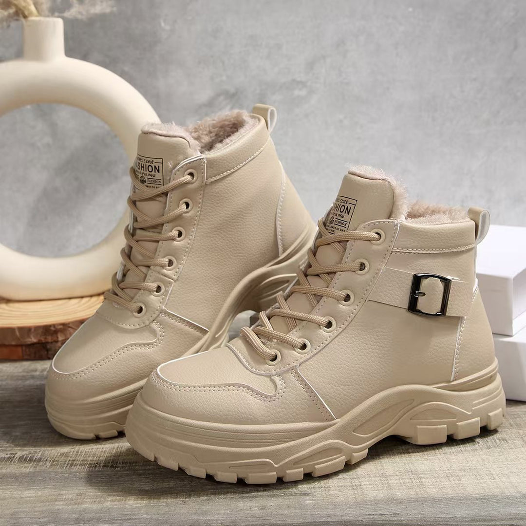 Damen  gefütterte Plateau-Schnürstiefelette mit dekorativer Metallschnalle und profilierter Gummilaufsohle EB