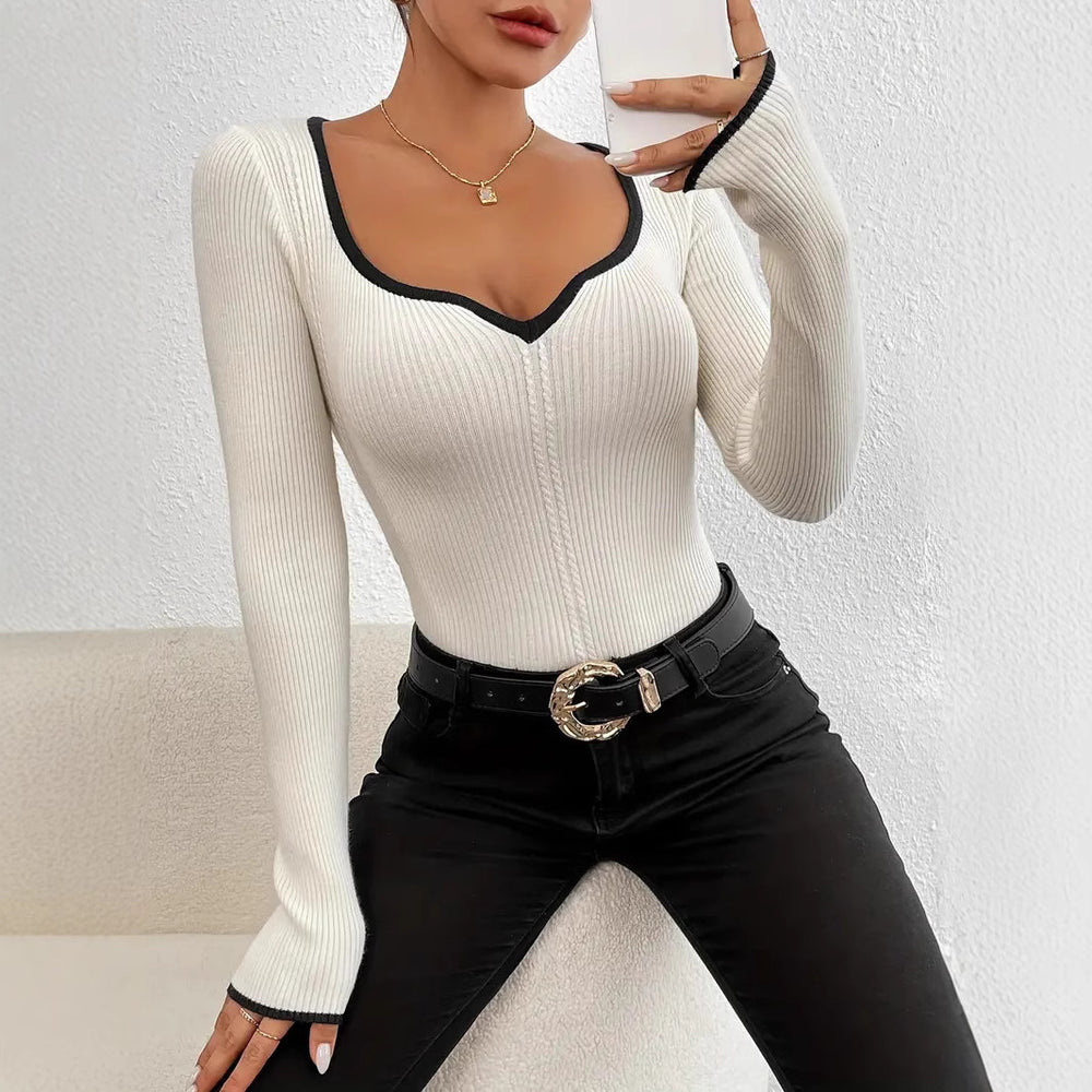 Damen Langarm-Body mit V-Ausschnitt und strukturiertem Design EB