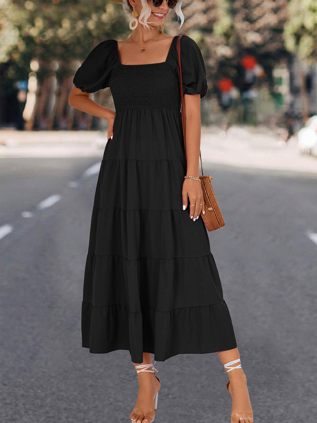 Damen Midi-Kleid mit elastischer Taillierung und voluminösen Puffärmeln EB