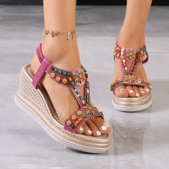 Damen Plateau-Sandalen mit kunstvollem Blumen-Detail EB