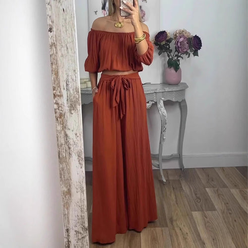 Damen Off-Shoulder Set mit weitem Hosen und taillierbarem Oberteil EB