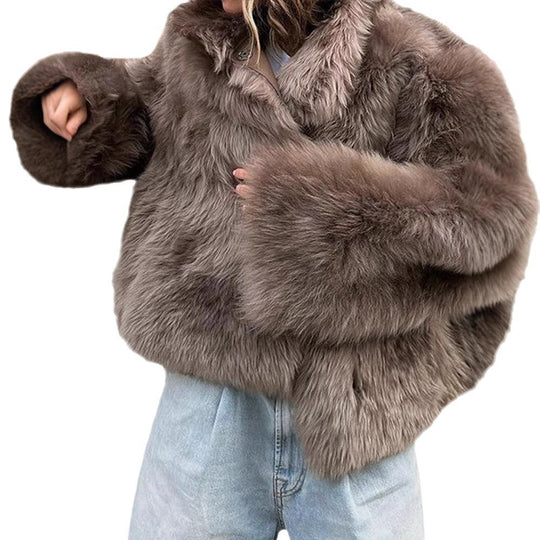 Damen Kunstfelljacke mit hochschließendem Kragen und luxuriösem Design EB