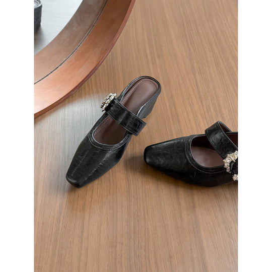 Damen elegante Mules mit funkelndem Riemen und komfortablem Blockabsatz EB